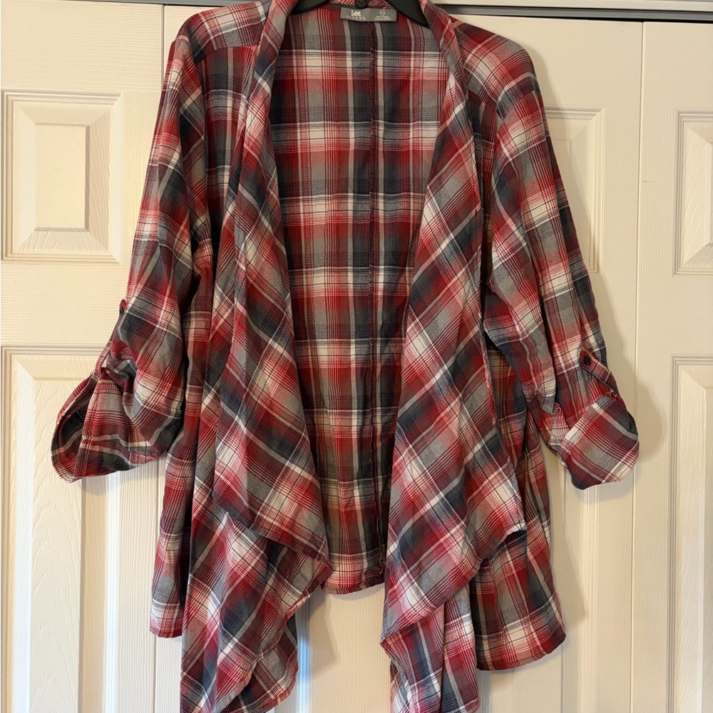 Lee Red, Gray and White Plaid Open Front Cardigan
